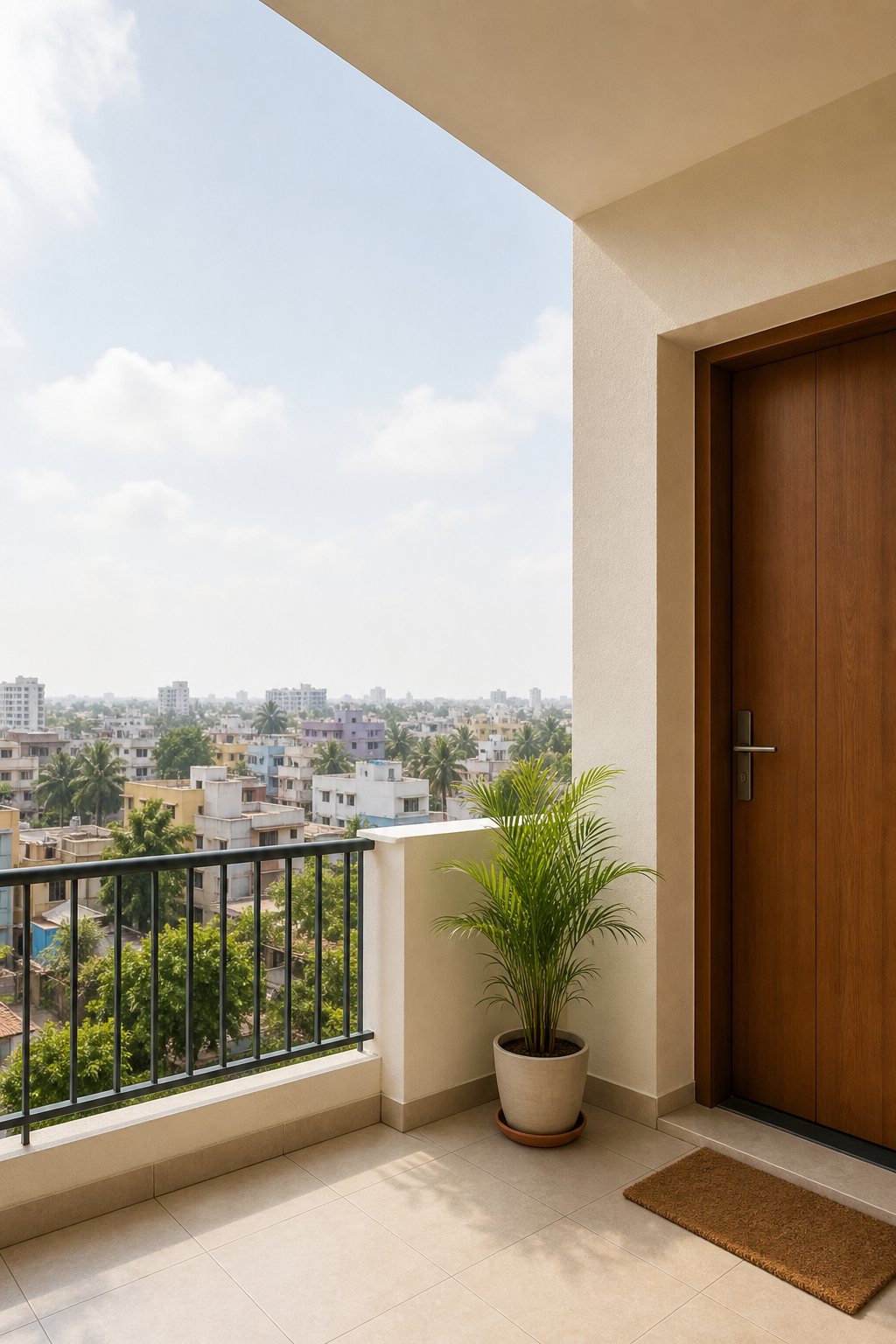 A calm apartment balcony and doorway